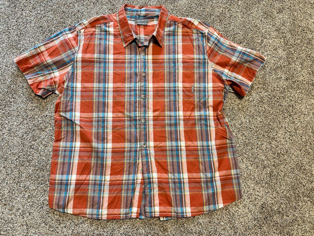 Eddie Bauer Shirt Men's 2XL Orange Plaid Short Sleeve Button Lightweight Pocket