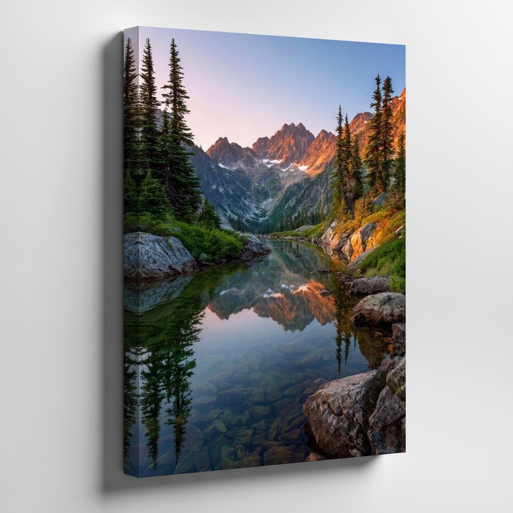 Mountain Lake Reflection Canvas Wall Art Pine Trees Rocky Landscape Nature Print