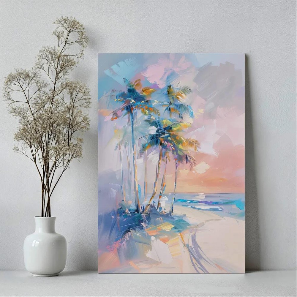 Palm Tree Pastel Pink Blue Abstract Coastal Wall Art Canvas Unframed Print Art-image