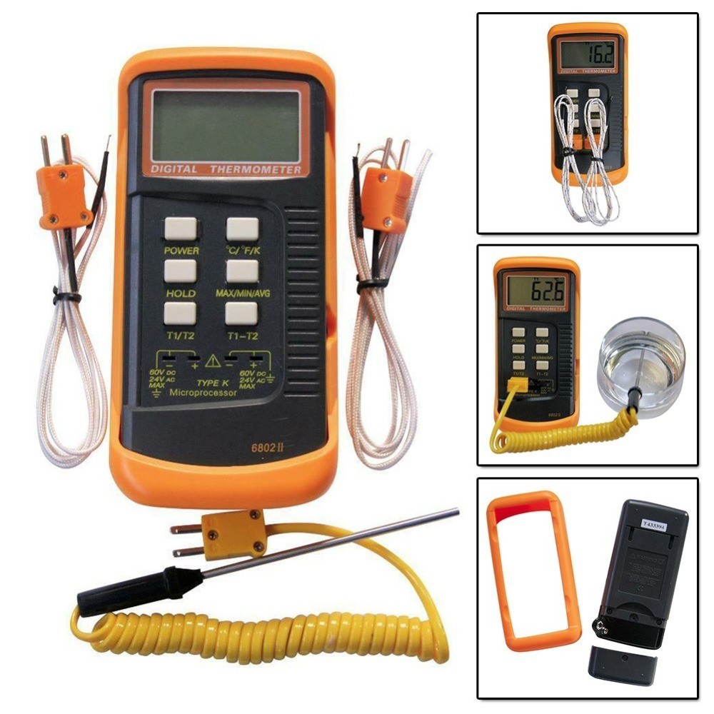 K-Type Dual Channel Digital Thermocouple Thermometer,6802 II, 2 Sensors + Probe
