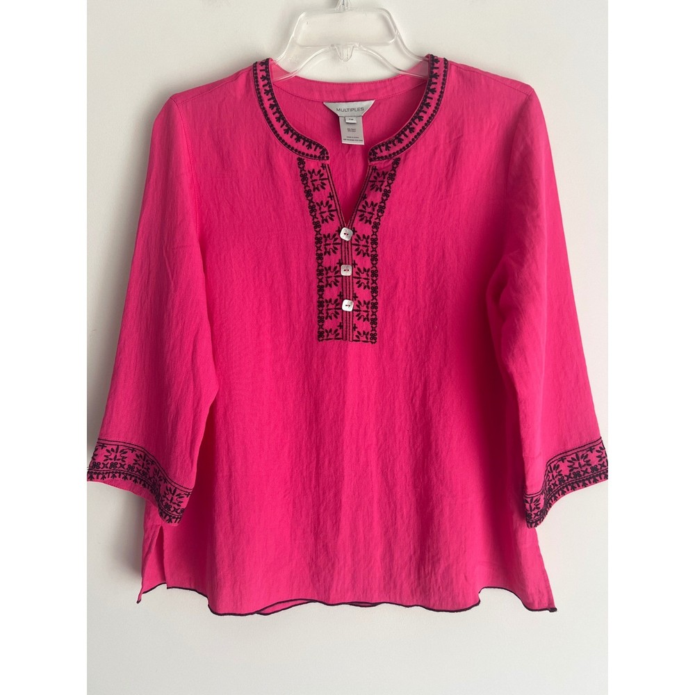 Multiples Women's Boho Hot Pink Embroidered Tunic Top 3/4 Sleeve Petite Medium