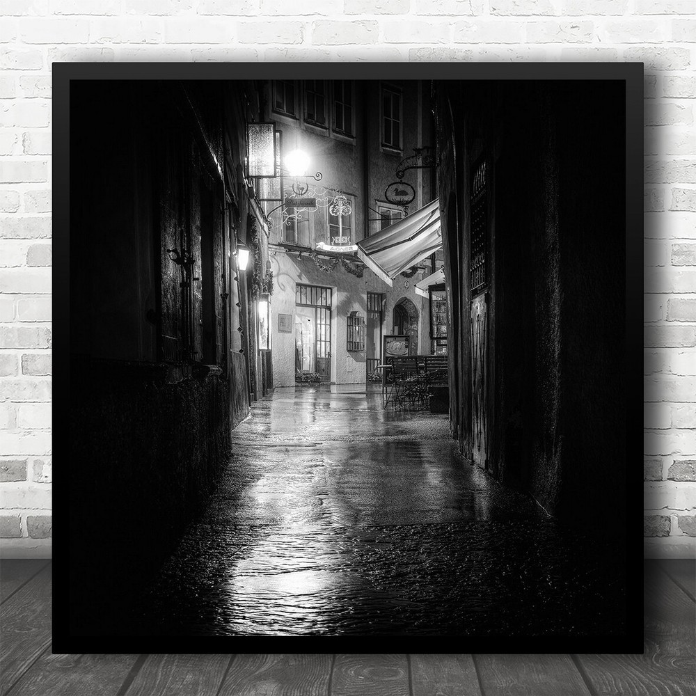B&W Night Street Alley Lamp Lantern Wet Rain Raining Dark Windows Square Print
