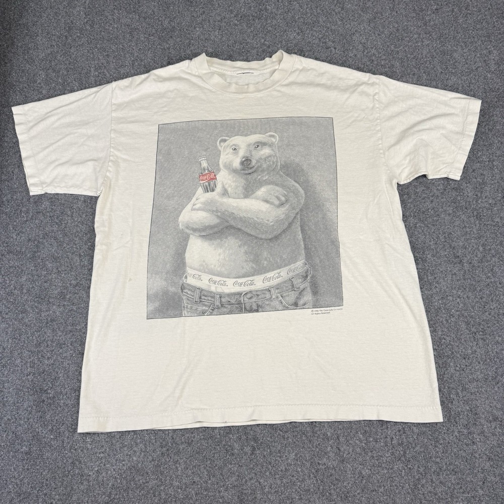 Vintage 1990s Coca Cola Polar Bear White T-shirt Size Large Single Stitched