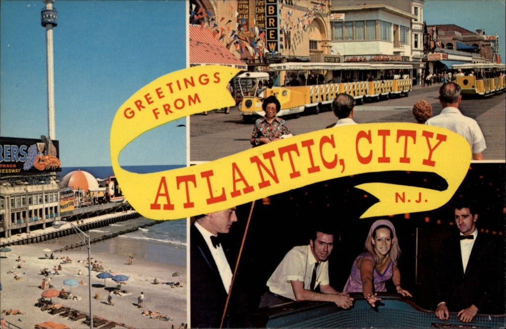 Greetings Atlantic City NJ multiview trolley gambling ~ vintage postcard