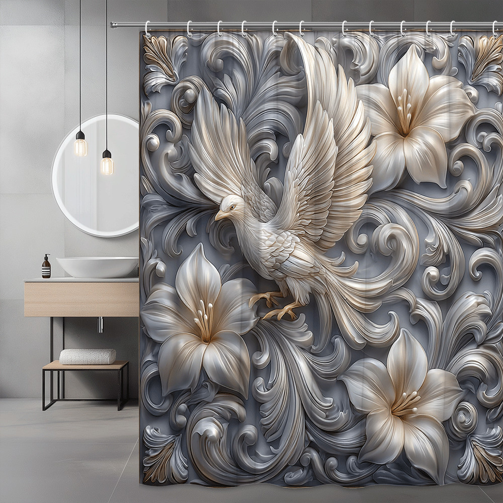 Bird and Floral Shower Curtain Gray Cream Graphic Print