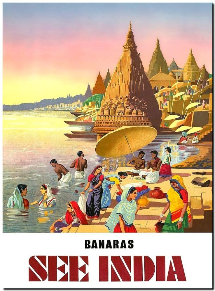 Cool Retro Travel Poster *FRAMED* CANVAS ART India Ganges River 18x12