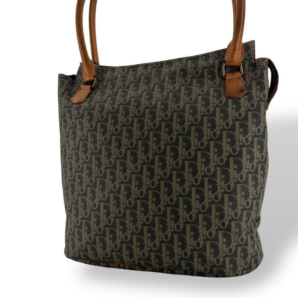 Dior Trotter Brown Leather Tote Bag A4 Shoulder Vintage