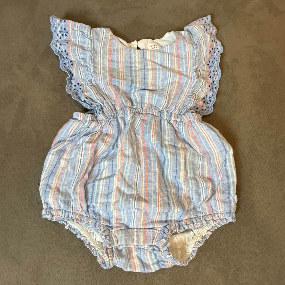 Gap Baby Girl Linen Bubble Shorty Romper 18-24 Months Blue Pink Stripe Eyelet