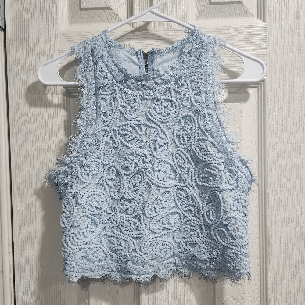 Womens Blue Lace Sleeveless Top Floral Chenille Textured Cropped Blouse