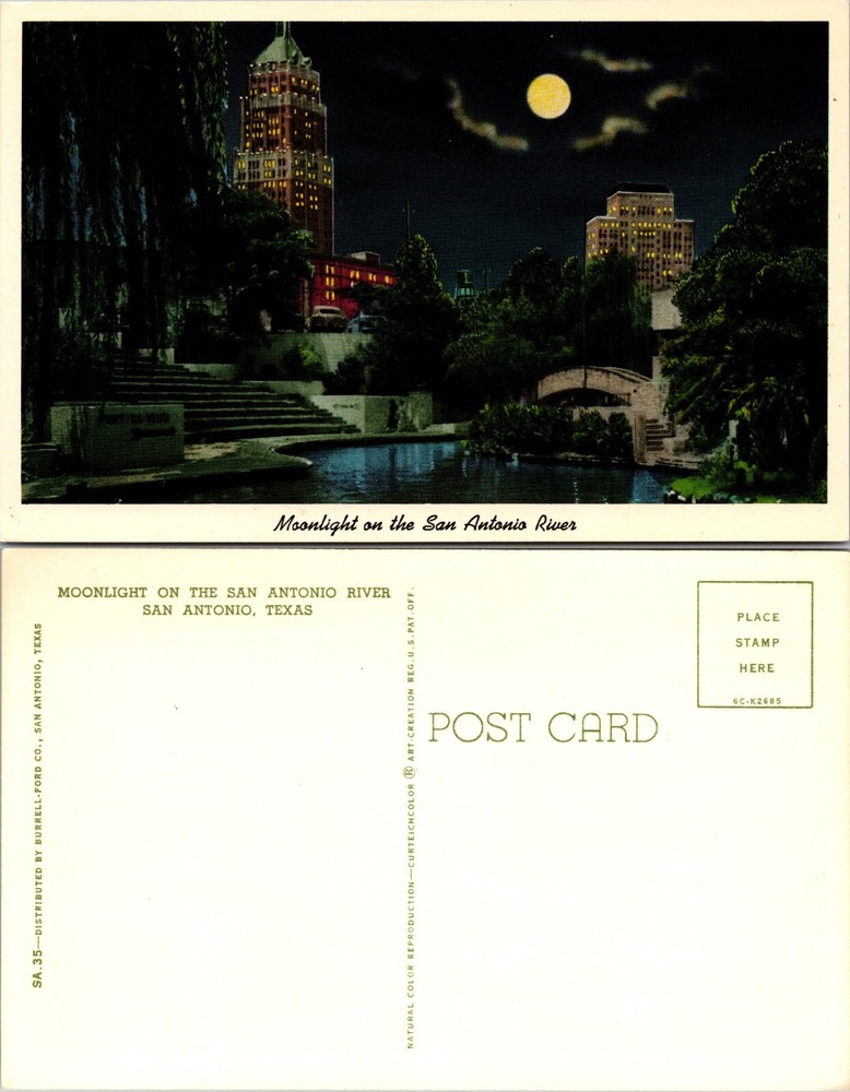 Moonlight San Antonio River Walk Bridge Scene Texas TX Postcard
