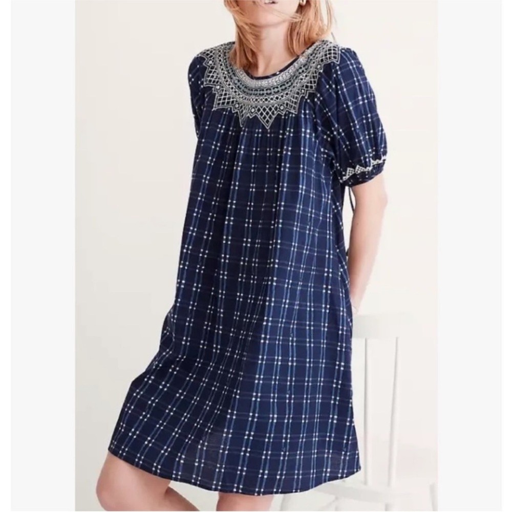 Madewell Embroidered Puff-Sleeve Babydoll Dress Indigo Plaid Prarie Boho XS
