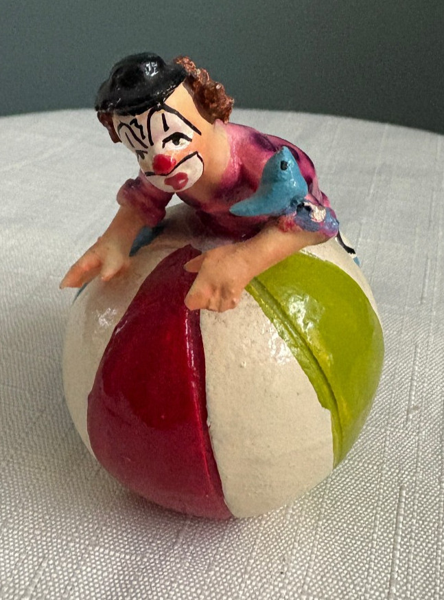 Vintage Ceramic Circus Clown On Ball w/ Bluebird - Handpainted Figurine