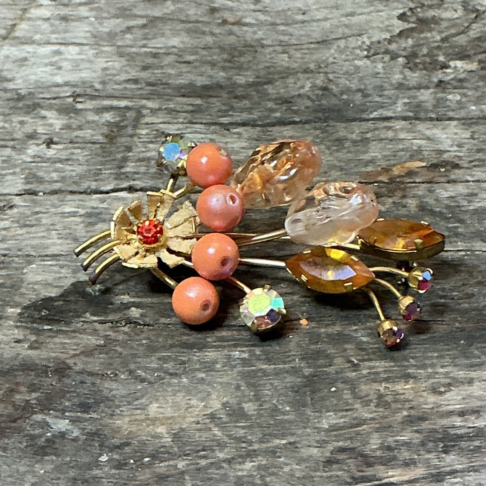 Vintage Signed Made in Austria Pink/orange Rhinestone Brooch Pin flowers