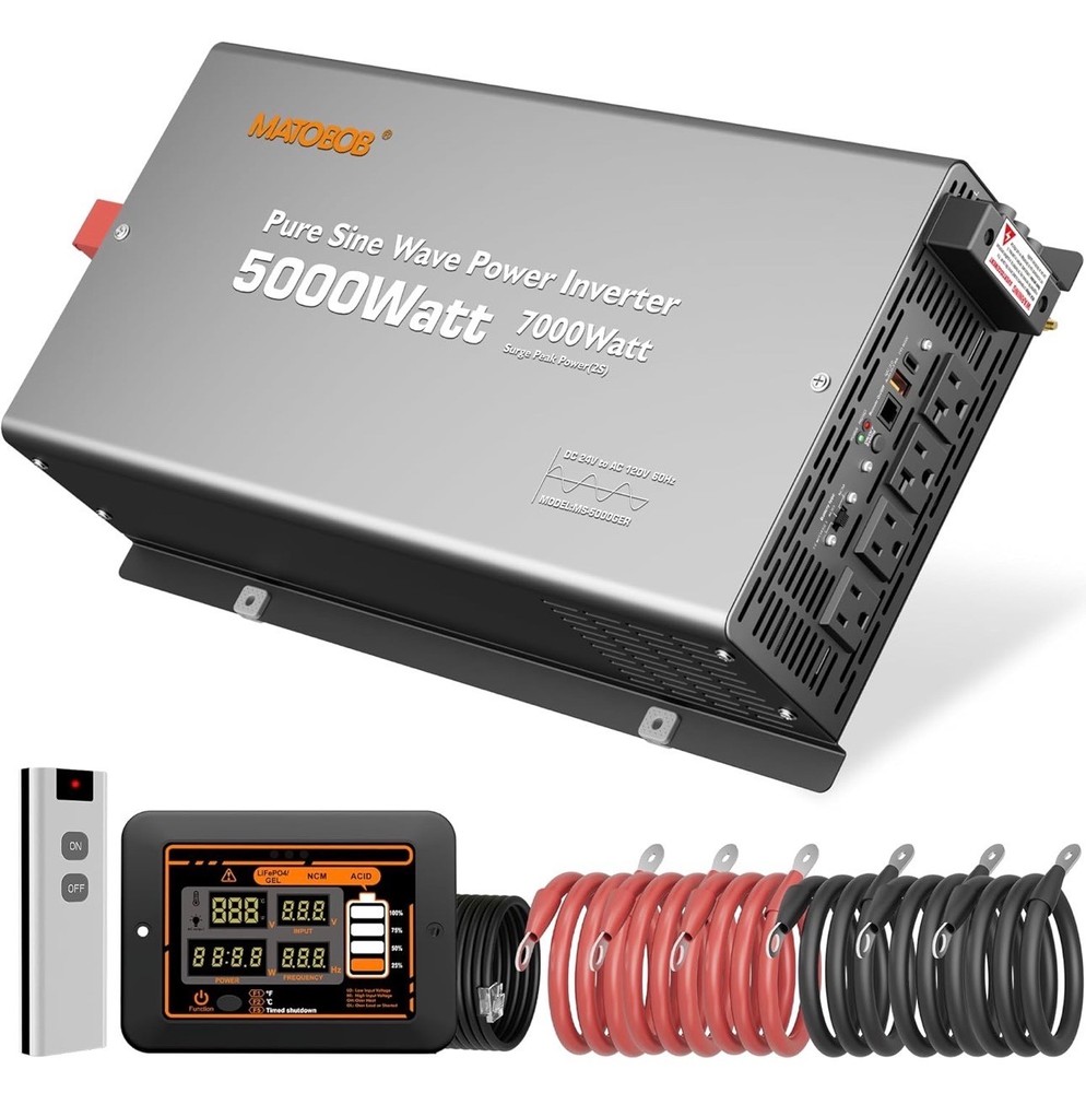 5000W Pure Sine Wave Power Inverter, 24V DC to 120V AC  for Solar RV,Truck,Home