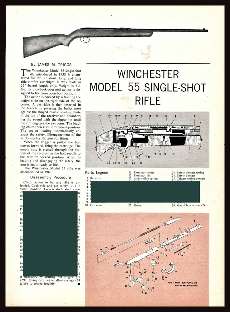 1963 WINCHESTER 55 Single-Shot Rifle Exploded View Parts List Assembly Article