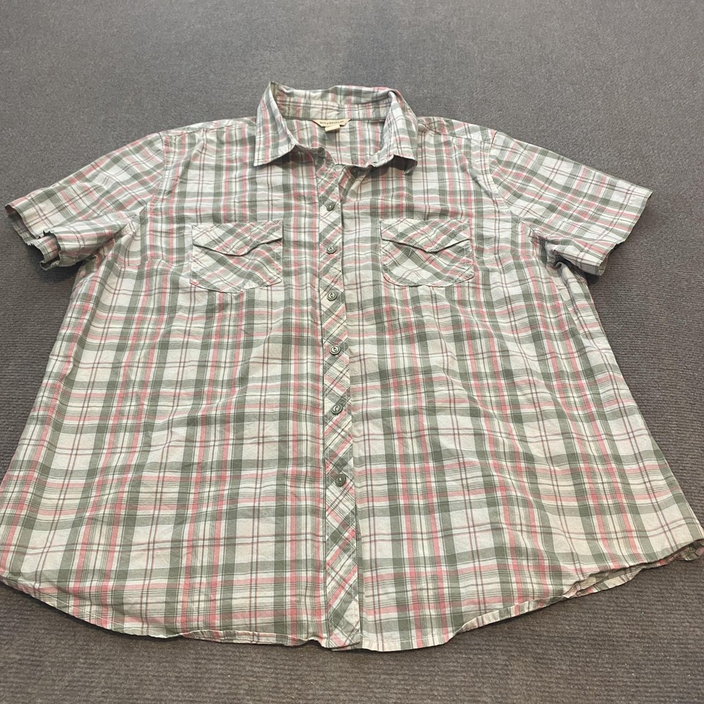 Bit & Bridle Shirt Womens 1X Green Pink Plaid Western Button Front Short Sleeve