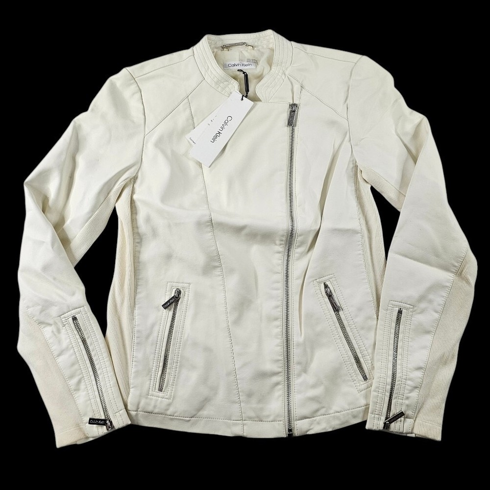 Calvin Klein Moto Jacket Women Small Vegan Leather White Color W/ Zippers READ⬇️