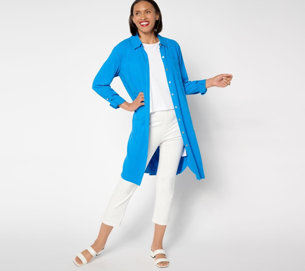 Susan Graver Women's Top Petite PXL PURE Linen Blend Button Front Blue A644497
