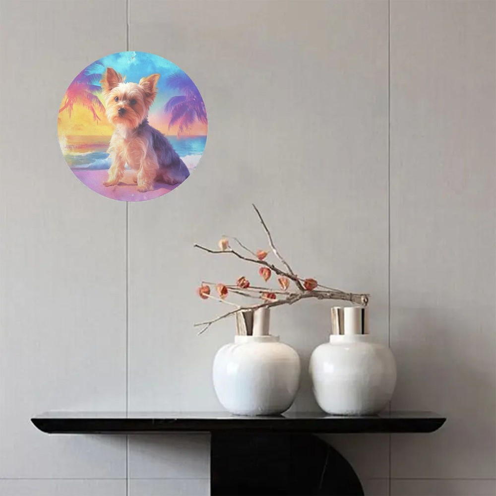 Yorkshire Terrier Florida Beach Sunset Round Aluminum Art