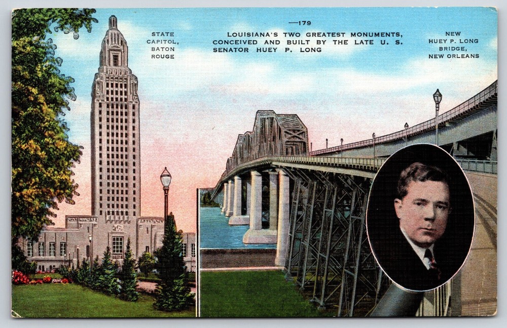 Baton Rouge New Orleans LA Huey Long Bridge And State Capitol Vintage Postcard