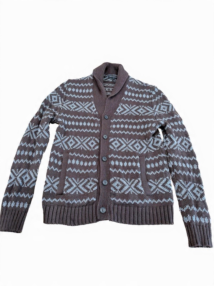 Banana Republic Wool blend shawl collar Fair Isle cardigan sweater brown blue L