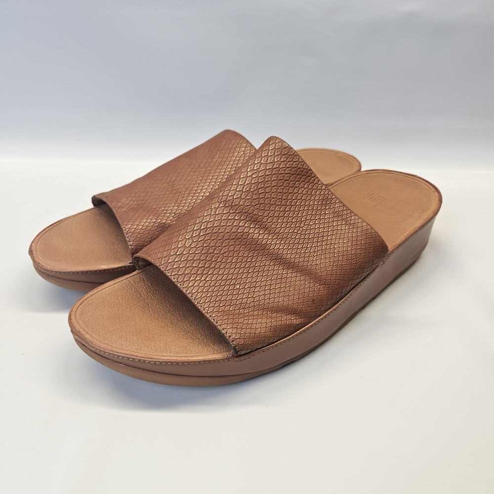 Fitflop Ginny Slides Brown Wedge Womens 11 Snake Skin Texture Comfort Open Toe