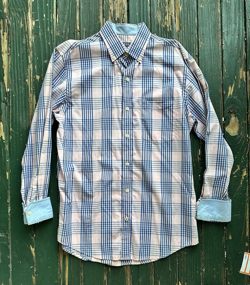 IZOD Long Sleeve Stretch  Casual Button Down Shirt Mens Size S Pink Blue Plaid