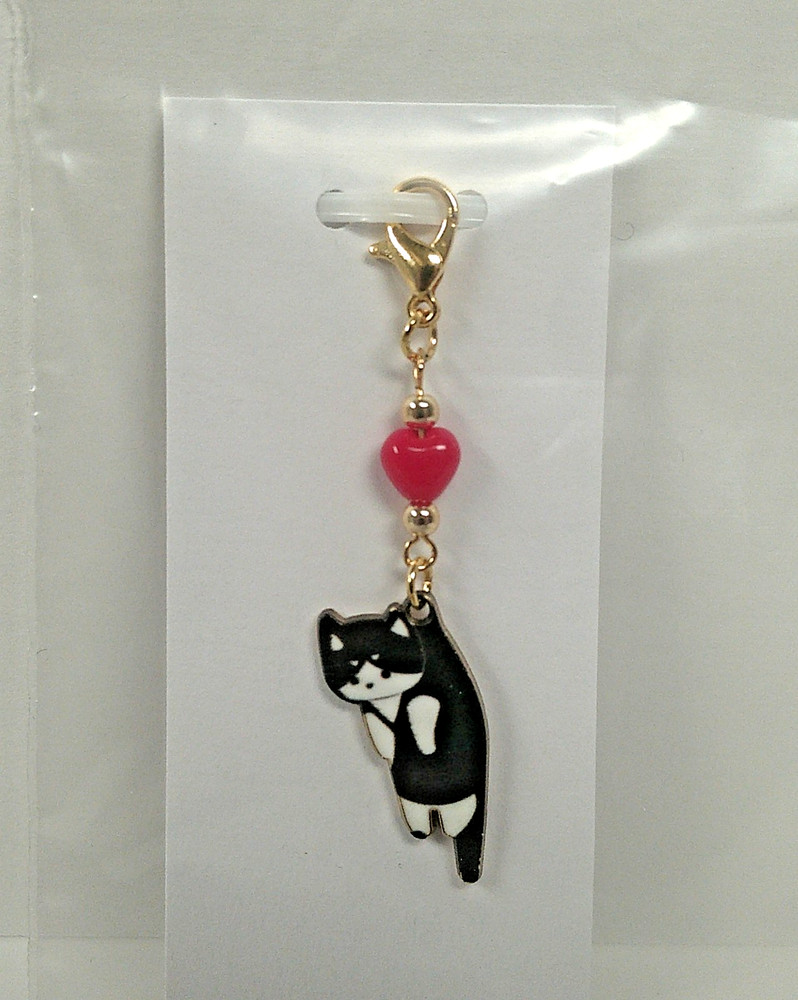 Tuxedo Cat Heart Beaded Charm Clip Zipper Pull NEW Handmade