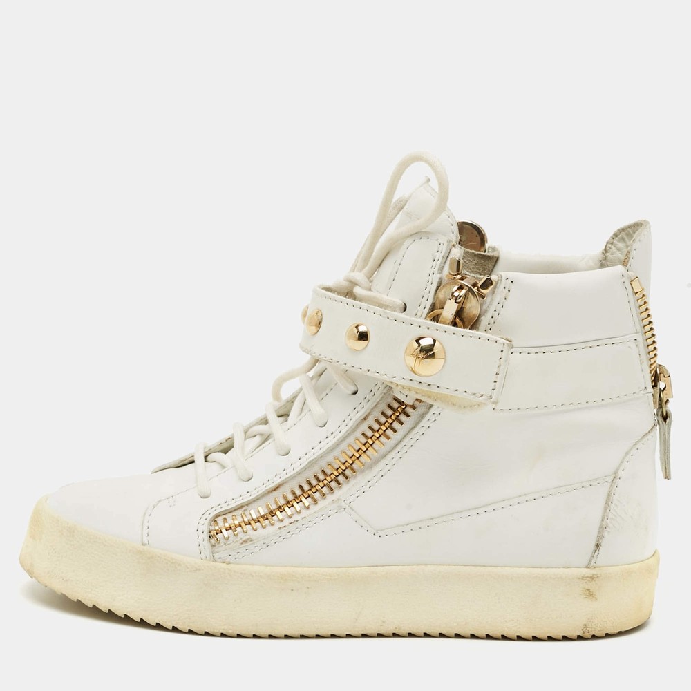 Giuseppe Zanotti Coby Size 37.5 White Leather Double Zip High Top Sneakers
