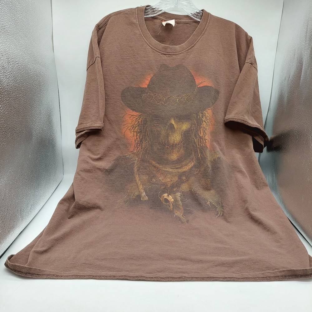 Happy Halloween Mens Size 2XL Scarecrow T-shirt Short Sleeve Graphic Print Brown