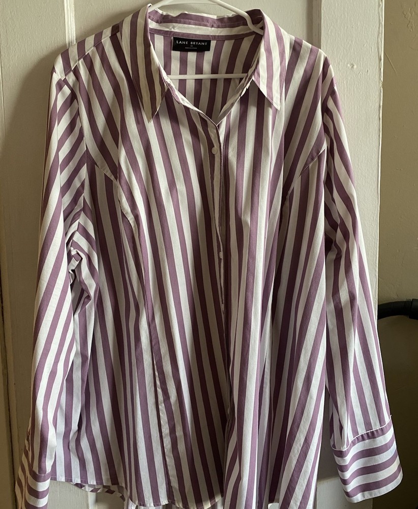 Lane Bryant Women's Striped Long Sleeve Shirt White/Purple, Button-Up, Size 22