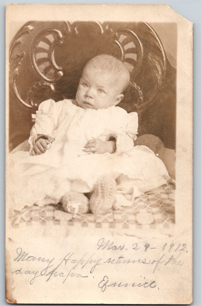 RPPC Baby White Gown Knitted Booties c. 1912 AZO Real Photo Unposted Postcard