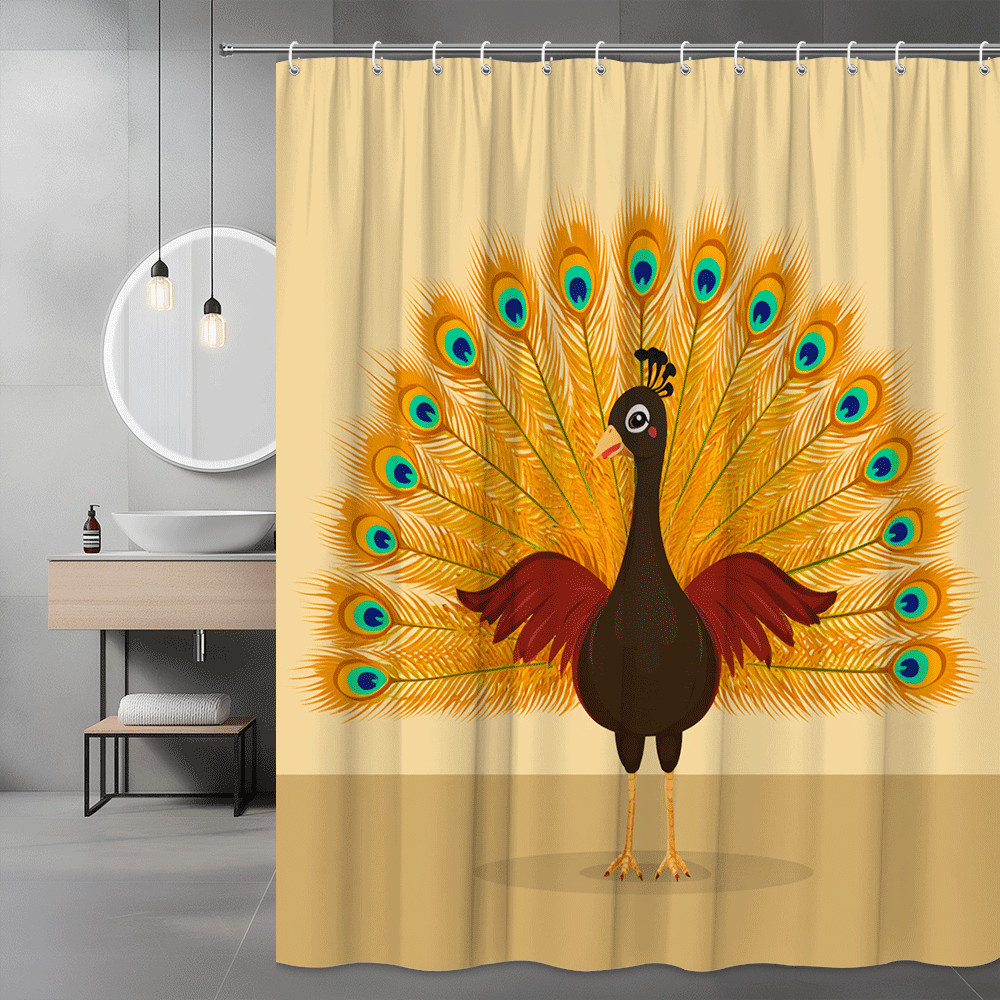 Peacock Shower Curtain Printed Bird Artwork Beige Background