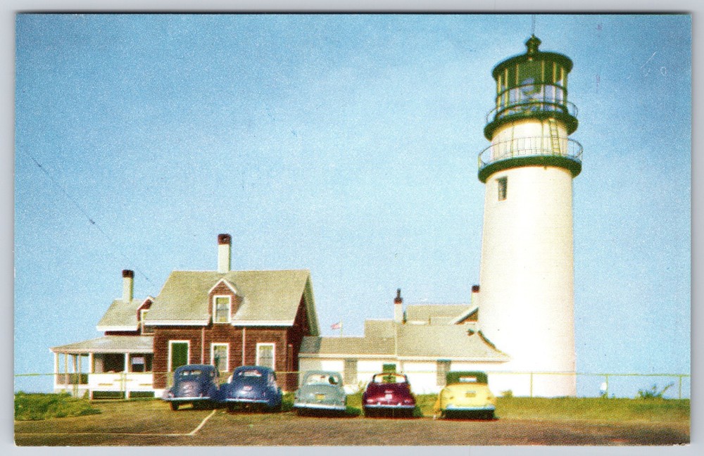 MA Cape Cod Truro Highland Lighthouse Chrome Old Cars Postcard