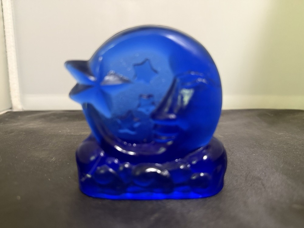 Vintage Cobalt Blue Moon Stars Glass Candle Holder Tea Light 3”