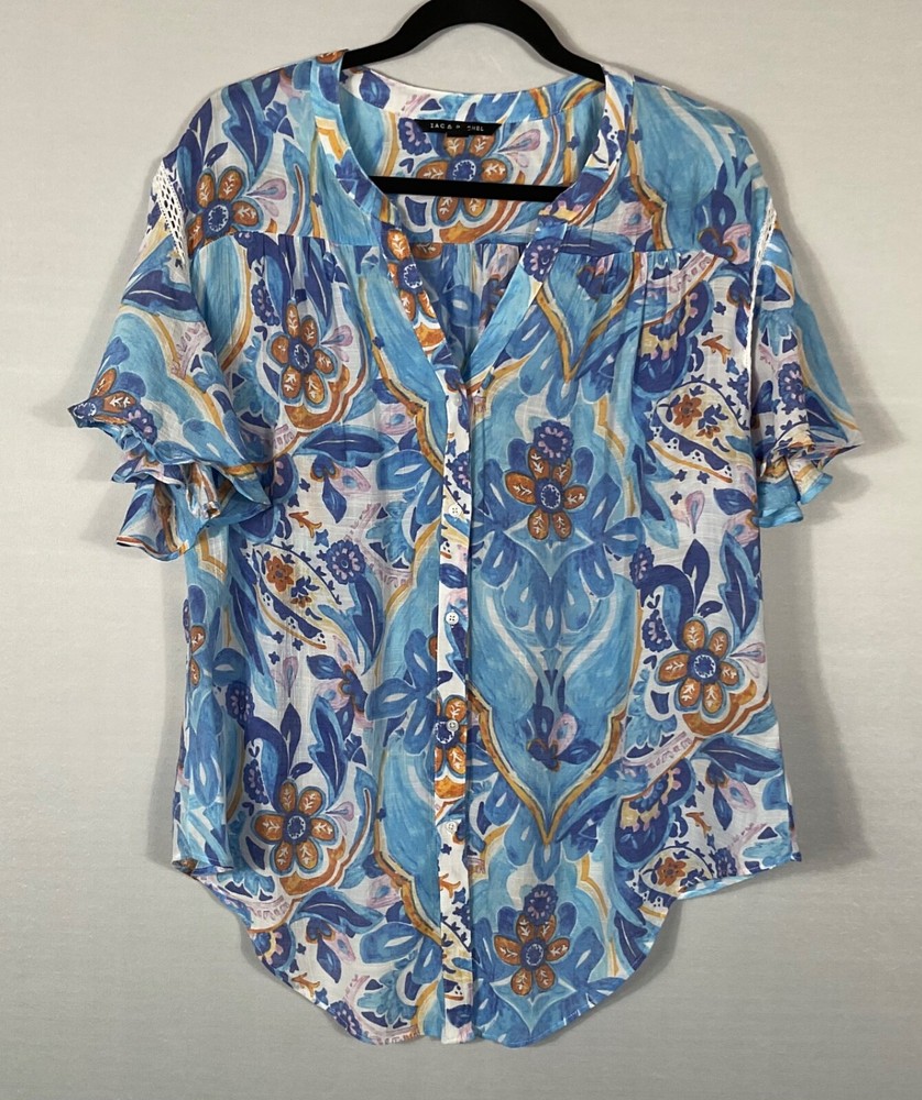 Zac & Rachel Top Womens XL Blue Floral Lace Trim Button Up Short Flutter Sleeves