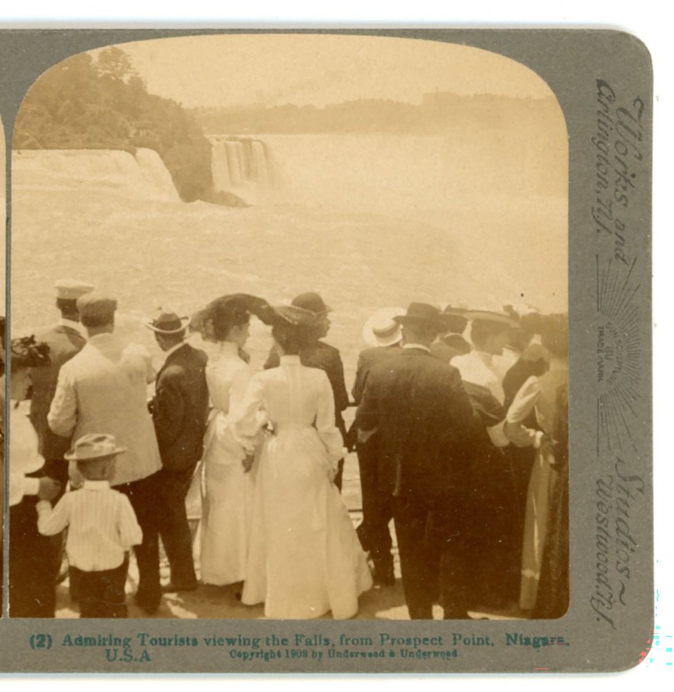 Admiring Tourists view Niagara Falls from Prospect Point Underwood Stereoview