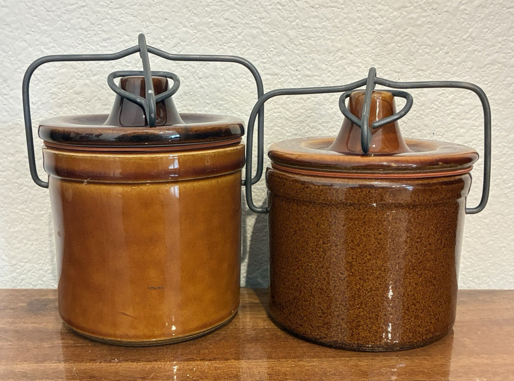 Set of 2 Vintage Brown Glazed Stoneware Cheese Butter Crocks Wire Bail Lid