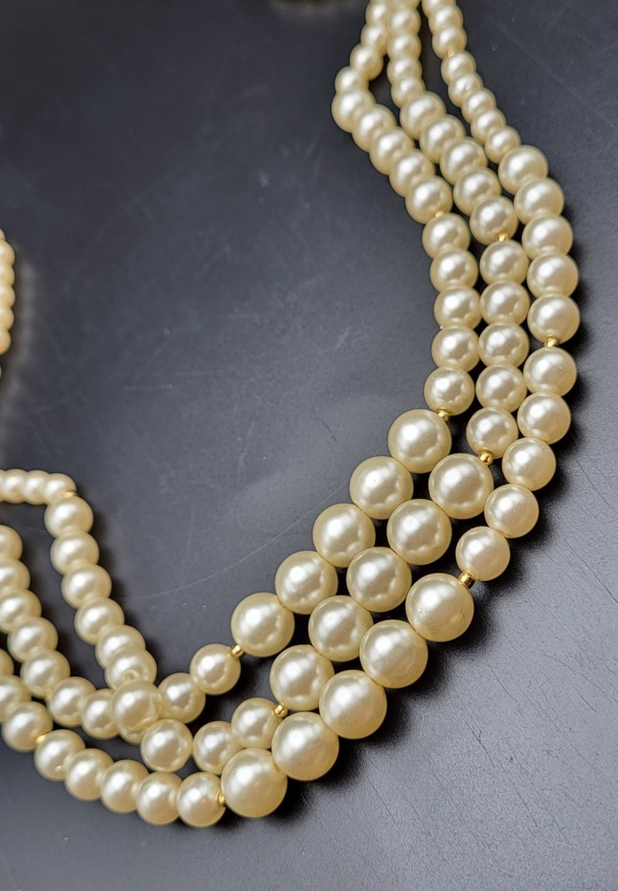 Vintage Faux Pearl Necklace Graduated Bead Triple Strand Gold Tone Spacer Beads