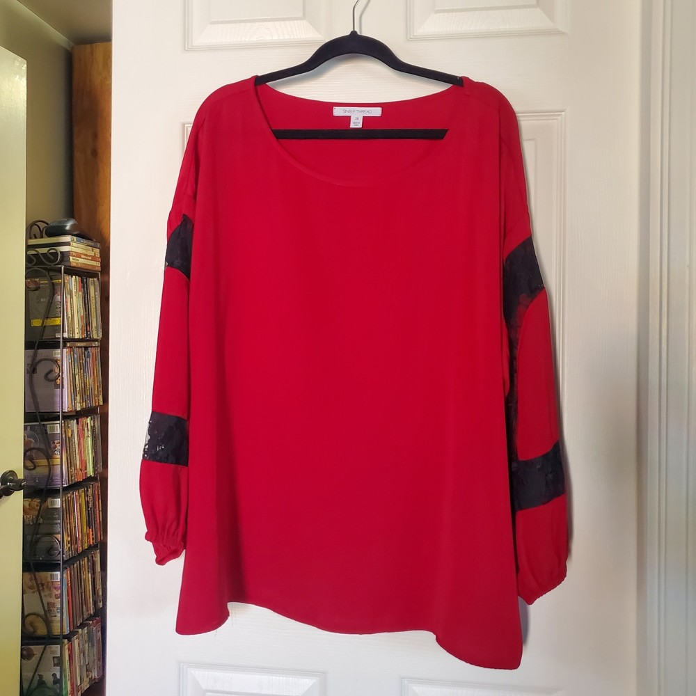 Red Blouse W/ Black Lace Details Loose Fit Tunic Oversized Business Casual Sz 2X