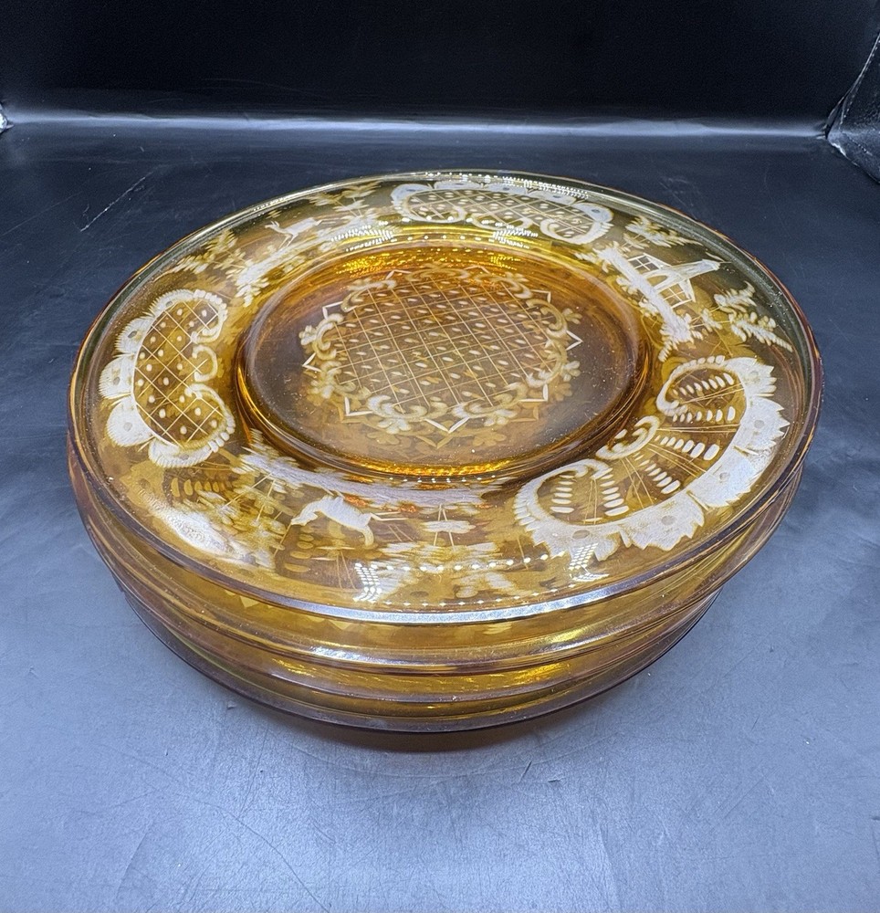 Bohemian Amber Cut To Clear 6 Plates 8.5” Wide Castle,deer,forest,hunting