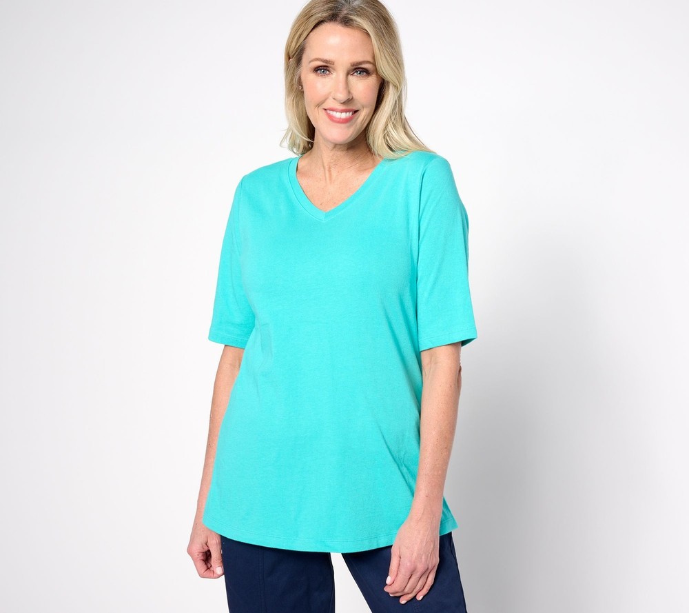 Denim & Co. Women's Top Petite PL Essentials True Cotton Jersey Blue A633278