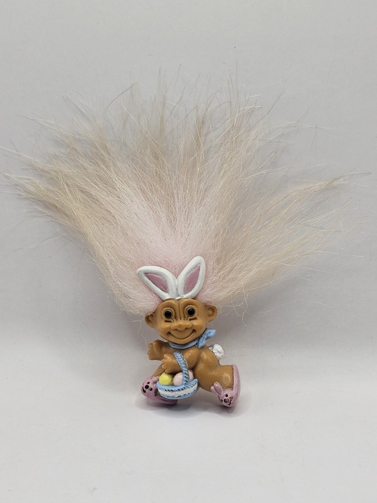 Vintage Easter Bunny Troll Pink Hair Lapel Pin  Russ  Basket With Eggs Slippers