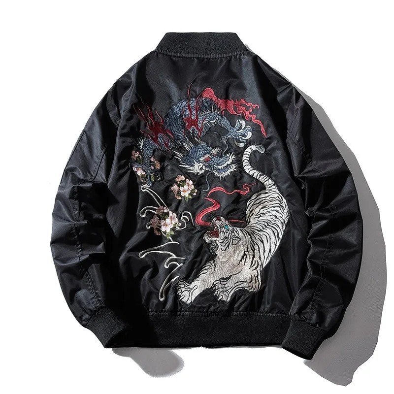 Japanese Style Dragon & Tiger Embroidered Bomber Jacket Men's Hip Hop Streetwear