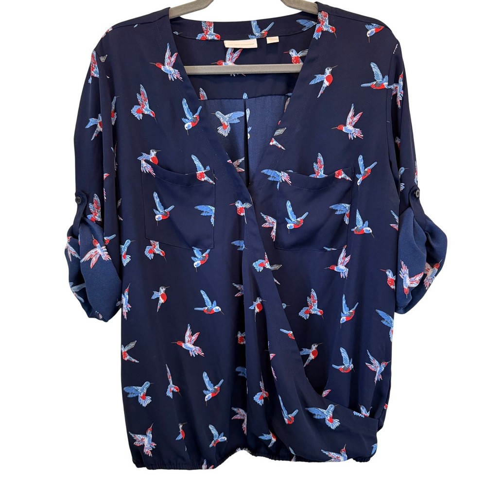 New York & Company Navy Blue Hummingbird Print 3/4 Roll-Tab Sleeve Blouse Sz L