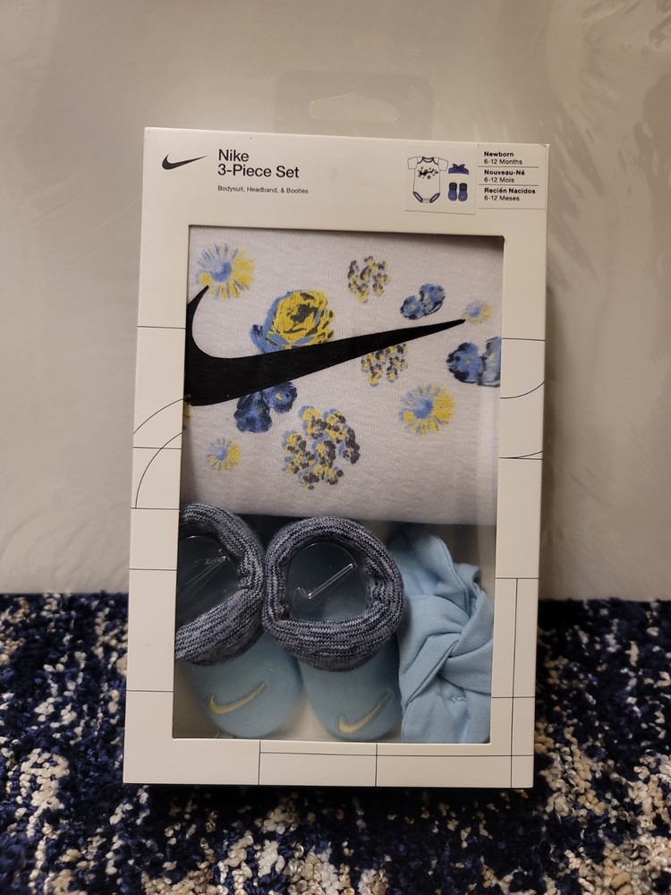 Nike 3pc 6-12Months~ Floral  White Bodysuit, Blue Headband , & Booties New N Box