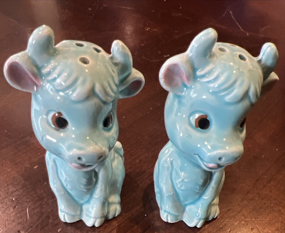 Vintage Enesco Blue Cows Salt and Pepper Shakers Japan Aqua Blue 1950s