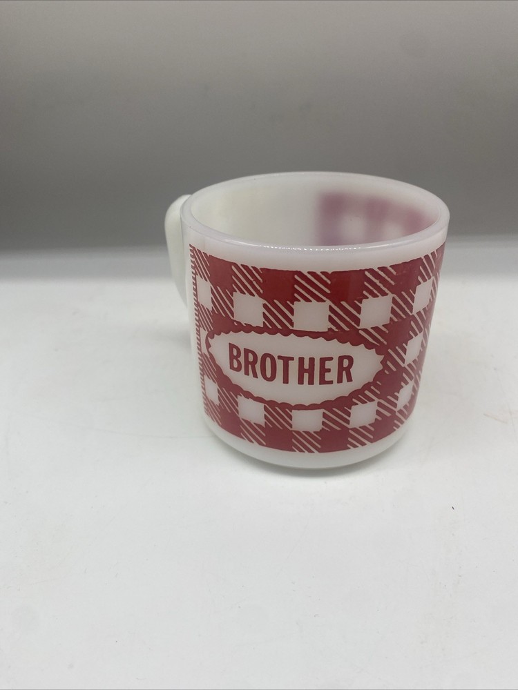 Vtg Retro Westfield Milk Glass Coffee Cup   Mug Gingham Red Checkered Brother
