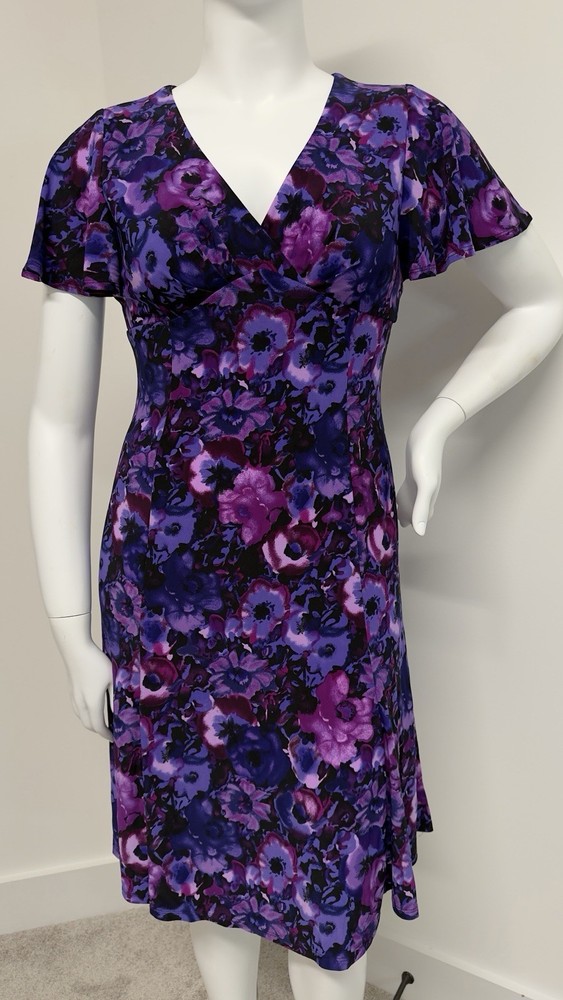 Chaps Women’s Floral Faux Wrap Dress Purple Pink Flutter Sleeve Stretch Size L