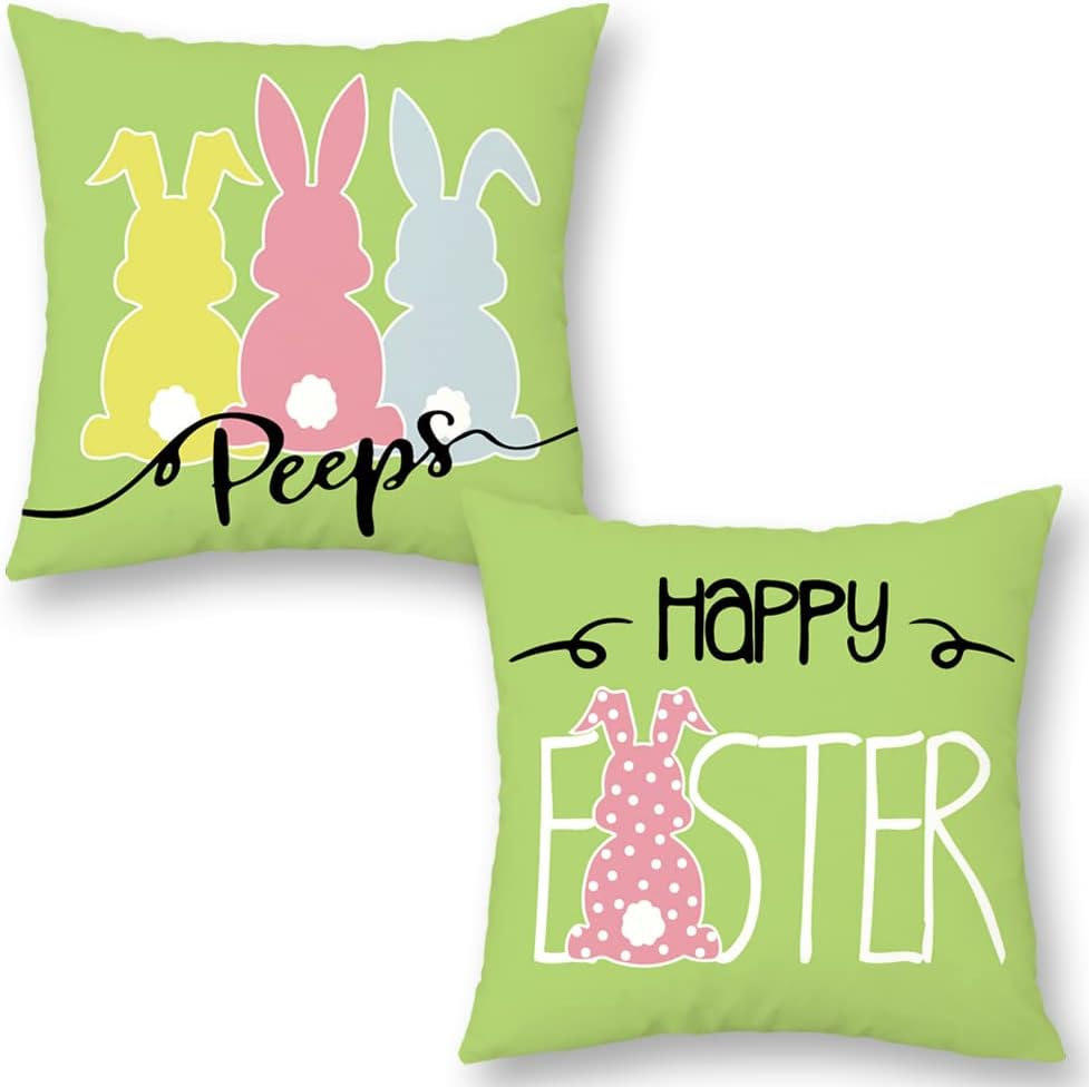 Easter Bunny Pillow Covers 18x18 Set of 2 Spring Decor Bunny Embellished Cushions